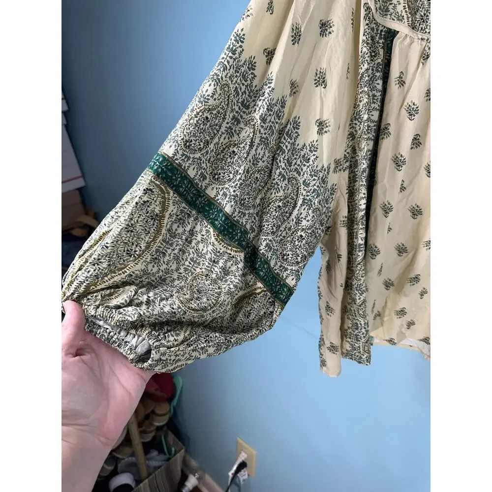 See And Be Seen green and cream paisley print top Boho peasant hippie SIze 2XL